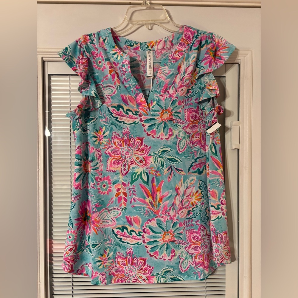 Scarlett Floral V-Neck Top in Turquoise and Pink